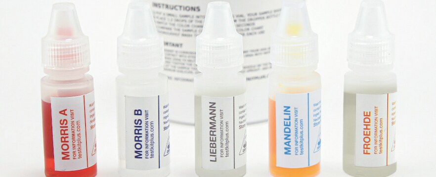 Reagent test kit bottles — Morris A, Morris B, Liebermann, Mandelin, Froehde